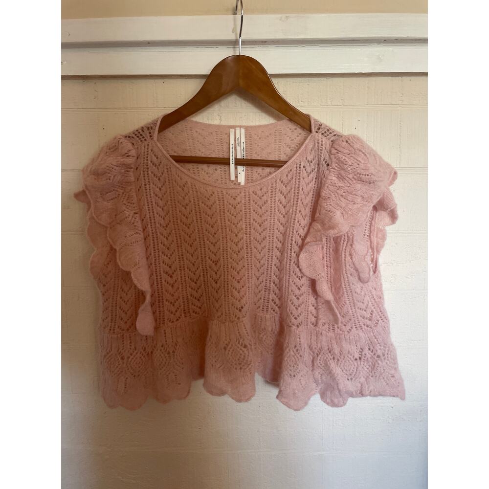 By ANTHROPOLOGIE Flutter Sleeve Pointelle Cashmere Top FEMININE PINK COZY Size M - Picture 2 of 7
